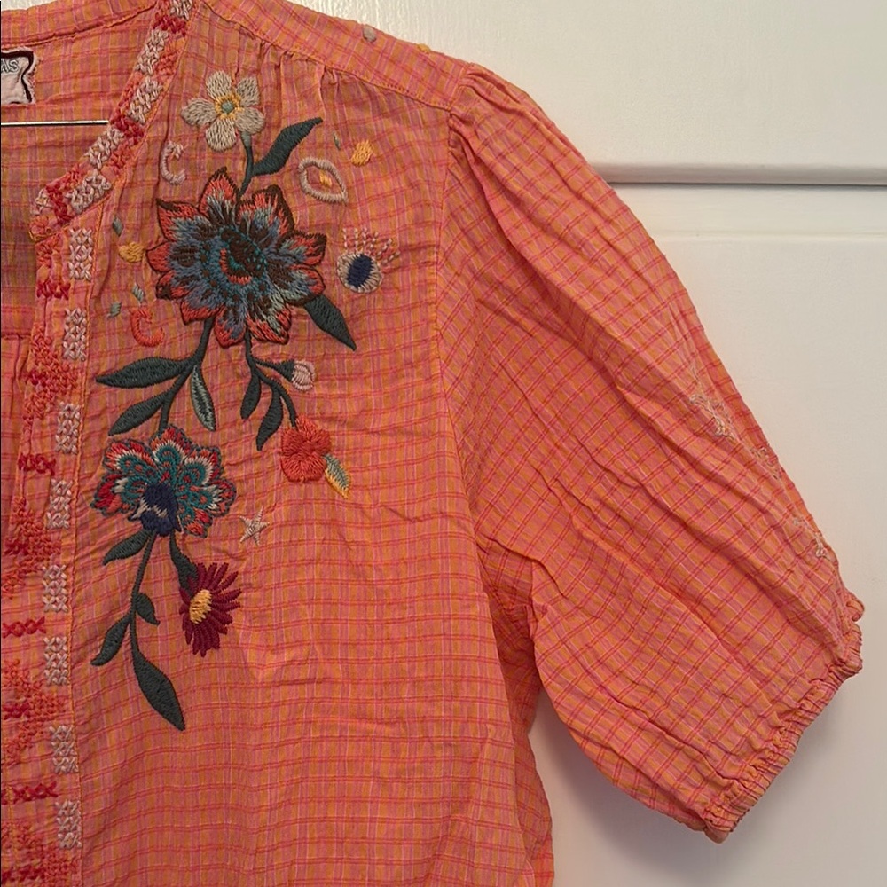 LIKE NEW Johnny Was Embroidered Orange Blouse with Floral and Butterfly Design - Picture 3 of 9